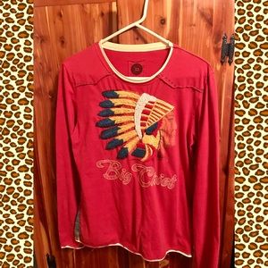 Double D Ranch Red Long Sleeve Tee with Embroidered Chief Design